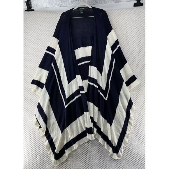 Lauren Ralph Lauren Linen Knit Poncho Topper Cover‎ Up Blue White M - Picture 1 of 9